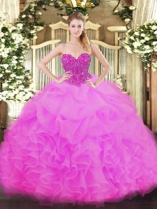 Pretty Sleeveless Organza Floor Length Lace Up Quince Ball Gowns in Fuchsia with Beading and Ruffles