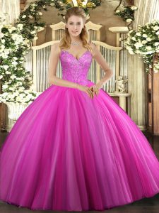 Extravagant V-neck Sleeveless Tulle Quinceanera Gowns Beading Lace Up