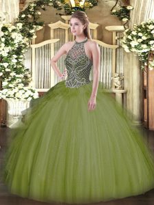 Latest Olive Green Sleeveless Tulle Lace Up Quinceanera Dresses for Sweet 16 and Quinceanera