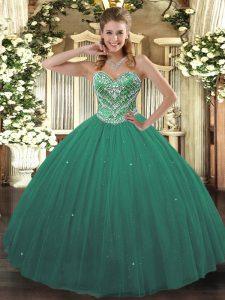 Spectacular Turquoise Sleeveless Floor Length Beading Lace Up Quinceanera Dress