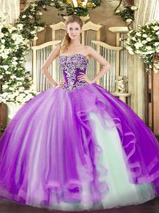 High Quality Lavender Strapless Neckline Beading and Ruffles Quinceanera Gowns Sleeveless Lace Up
