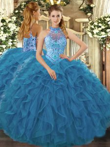 Simple Teal Lace Up 15 Quinceanera Dress Embroidery and Ruffles Sleeveless Floor Length