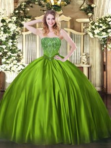 Satin Strapless Sleeveless Lace Up Beading Quinceanera Dress in Olive Green