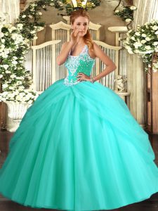 Apple Green Tulle Lace Up Straps Sleeveless Floor Length Sweet 16 Dresses Beading and Pick Ups