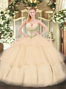 Cheap Beading and Ruffled Layers Vestidos de Quinceanera Champagne Lace Up Sleeveless Floor Length
