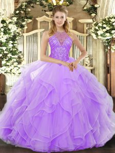Free and Easy High-neck Sleeveless Sweet 16 Dress Floor Length Beading and Ruffles Lavender Organza