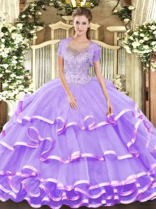 Edgy Floor Length Lavender Quince Ball Gowns Tulle Sleeveless Beading and Ruffled Layers