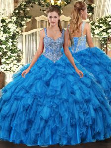 Beautiful Floor Length Ball Gowns Sleeveless Blue Ball Gown Prom Dress Lace Up