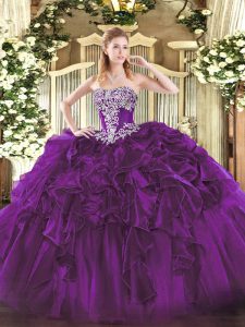 Trendy Floor Length Dark Purple Vestidos de Quinceanera Organza Sleeveless Beading and Ruffles