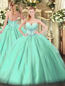Wonderful Floor Length Lace Up Quinceanera Dress Turquoise for Military Ball and Sweet 16 and Quinceanera with Beading