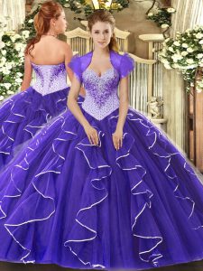 Purple Tulle Lace Up Sweetheart Cap Sleeves Floor Length Sweet 16 Quinceanera Dress Beading