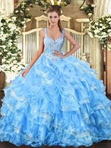 Dramatic Baby Blue Sleeveless Organza Lace Up Vestidos de Quinceanera for Military Ball and Sweet 16 and Quinceanera