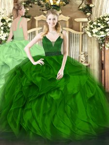 Green Ball Gowns Organza Straps Sleeveless Beading and Ruffles Floor Length Zipper Quinceanera Gown