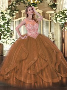 Fancy Brown Tulle Lace Up Scoop Sleeveless Floor Length Sweet 16 Dresses Beading and Ruffles