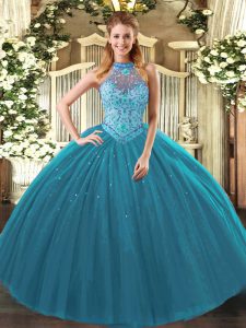 Teal Tulle Lace Up Halter Top Sleeveless Floor Length 15th Birthday Dress Beading and Embroidery