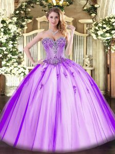 Modest Lavender Tulle Lace Up Ball Gown Prom Dress Sleeveless Floor Length Beading and Appliques