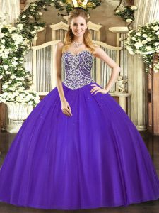Sleeveless Floor Length Beading Lace Up Sweet 16 Dresses with Purple