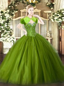 Olive Green Sleeveless Beading Floor Length Sweet 16 Dress