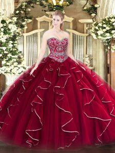 Glittering Wine Red Lace Up Quinceanera Gown Beading and Ruffles Sleeveless Floor Length