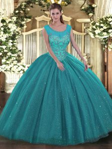 Teal Tulle and Sequined Backless Scoop Sleeveless Floor Length Quinceanera Dresses Beading
