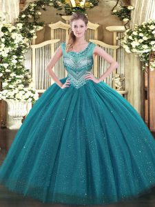 Floor Length Lace Up Quinceanera Gowns Teal for Sweet 16 and Quinceanera with Beading