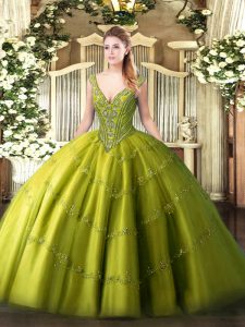 Deluxe Olive Green Sleeveless Floor Length Beading and Appliques Lace Up Quinceanera Gowns