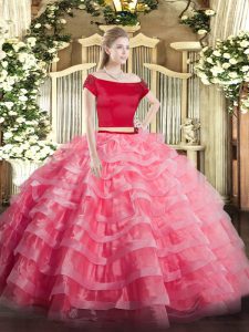 Sexy Short Sleeves Tulle Floor Length Zipper Vestidos de Quinceanera in Watermelon Red with Appliques and Ruffled Layers