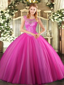 Best Selling Hot Pink Ball Gowns Scoop Sleeveless Tulle Floor Length Lace Up Beading Vestidos de Quinceanera