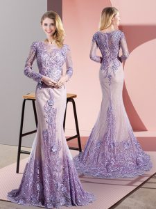 Ideal Lavender Mermaid Tulle Scoop Long Sleeves Beading and Appliques Zipper Dress for Prom Sweep Train