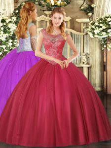 Gorgeous Coral Red Lace Up Scoop Beading Quinceanera Gowns Tulle Sleeveless