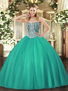 Latest Sleeveless Floor Length Beading Lace Up Sweet 16 Quinceanera Dress with Turquoise