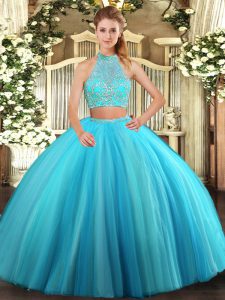 Luxury Aqua Blue Halter Top Neckline Beading Ball Gown Prom Dress Sleeveless Criss Cross