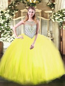 Designer Yellow Green Tulle Zipper Sweet 16 Quinceanera Dress Sleeveless Floor Length Beading