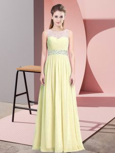 Sophisticated Light Yellow A-line Chiffon Scoop Sleeveless Beading Floor Length Zipper Prom Dress