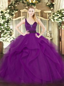 Purple Ball Gowns Straps Sleeveless Tulle Floor Length Zipper Beading and Ruffles 15 Quinceanera Dress