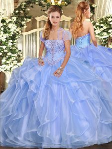 Adorable Light Blue Ball Gowns Organza Strapless Sleeveless Appliques and Ruffles Floor Length Lace Up Quinceanera Gowns