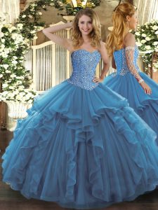 Excellent Sleeveless Floor Length Beading and Ruffles Lace Up Quinceanera Gown with Teal