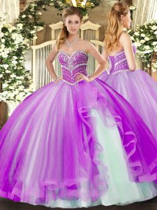 Floor Length Lavender Ball Gown Prom Dress Tulle Sleeveless Beading and Ruffles
