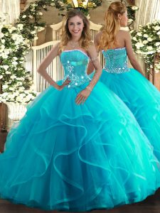 Sweet Sleeveless Floor Length Beading and Ruffles Lace Up Quinceanera Dress with Aqua Blue