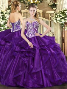 Sleeveless Organza Floor Length Lace Up Ball Gown Prom Dress in Purple with Beading and Ruffles