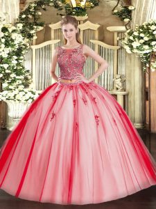 Scoop Sleeveless Quinceanera Gown Floor Length Beading and Appliques Coral Red Tulle