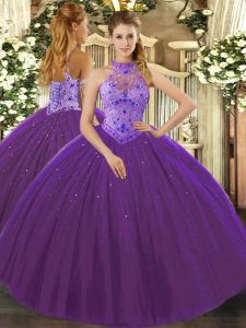 Beading and Appliques and Embroidery Quinceanera Dresses Purple Lace Up Sleeveless Floor Length