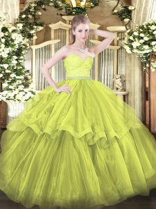 Vintage Zipper Quinceanera Dress Olive Green for Military Ball and Sweet 16 and Quinceanera with Beading and Lace and Ru