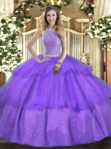Dazzling Lavender Ball Gowns High-neck Sleeveless Tulle Floor Length Lace Up Beading and Ruffled Layers Sweet 16 Dress