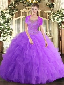 Trendy Sleeveless Floor Length Beading and Ruffled Layers Clasp Handle Sweet 16 Dress with Lavender