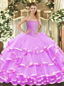 Beading and Ruffled Layers Quince Ball Gowns Lilac Lace Up Sleeveless Floor Length