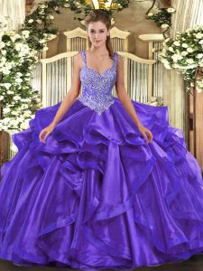 Attractive Straps Sleeveless Lace Up Ball Gown Prom Dress Purple Organza