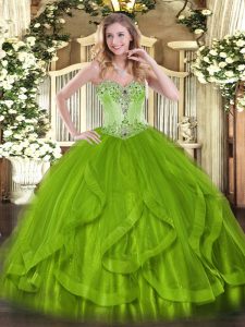 Olive Green Quinceanera Gowns Sweet 16 and Quinceanera with Beading and Ruffles Sweetheart Sleeveless Lace Up