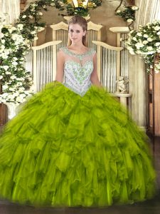 Luxury Olive Green Scoop Neckline Beading and Ruffles Quince Ball Gowns Sleeveless Zipper