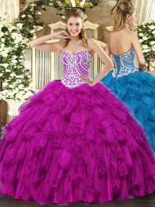 Customized Floor Length Fuchsia 15th Birthday Dress Sweetheart Sleeveless Lace Up